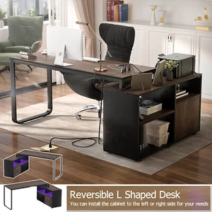 L-Shape Executive Desk with File Cabinet & Power Outlets, Reversible Office Desk - Picture 1 of 11