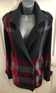 Burberry grey red plaid check 74% merino wool military cardigan size S - Picture 1 of 8