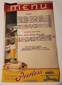 #7 Vintage Peerless Beer Menu Sheet La Crosse Breweries La Crosse, Wisconsin - Picture 1 of 5