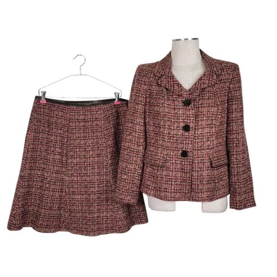 Le Suit Tweed Falda Traje 12P Marrón Oliva Solapa Bolsillos Tulipán Dobladillo Terciopelo Botones Foto 1 de 4