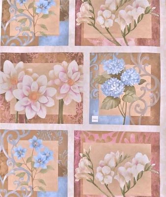 带框花卉布置粉红色棕褐色和象牙色棉质面料,每面板 — 第 1/4 张图片