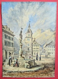 Orig. Acuarela Suiza Suiza Suiza Altdorf Wilhelm Tell-Brunnen alrededor de 1880 - Imagen 1 de 11