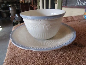 VTG. FIRE KING ALICE PATTERN CUP & SAUCER - WHITE W/BLUE TRIM & ENBOSSED FLOWERS - Picture 1 of 13
