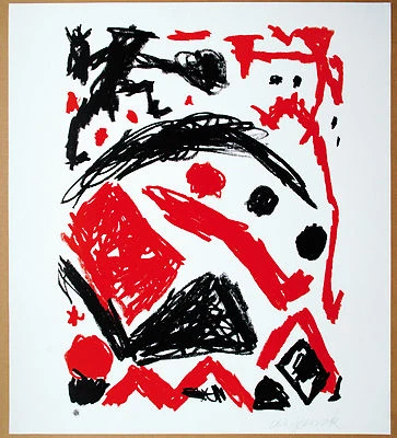 A.R.Penck 1939-2017: 2 kämpfende Männer in Rot und Schwarz signierte Serigrafie - Bild 1 von 4