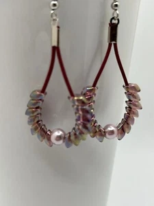 Pink Burgundy Opalescent beaded handmade earrings - Picture 1 of 4