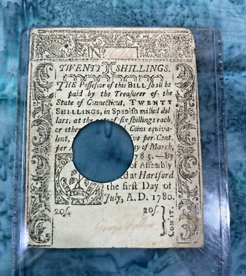 1780 20s Hartford Connecticut Colonial Currency Note Bill Twenty Shillings - Image 1 of 2