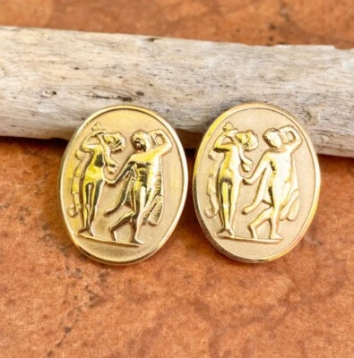 Estate 14KT Yellow Gold Italian Intaglio Soldier Oval Large Omega Back Earrings - Image 1 of 4