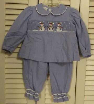 Vive la Fete Girls Smocked Snowman Blue Gingham Outfit 2Pc Ruffle Pants Top 18M - Image 1 of 4