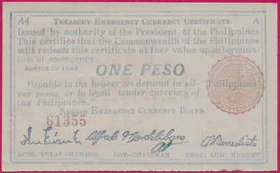 PHILIPPINES (GUERRILLA) 1 PESO 1944 NEGROS PROVINCE ORIENTAL CURRENCY COMMITTEE, - Image 1 of 2