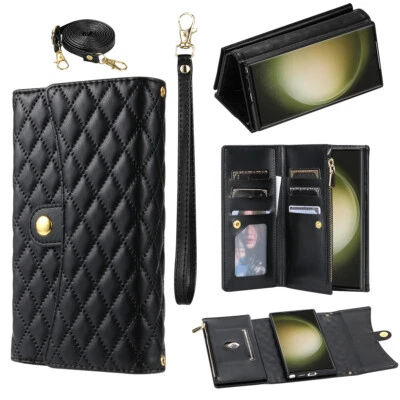 For iPhone Samsung Crossbody Strap Flip Wallet Stand Phone Case Cover 7 Card Bag - Image 1 of 4