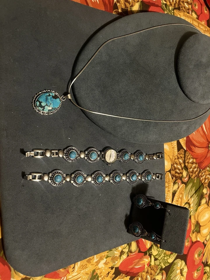 Genuine Turquoise And Stainless Steel Jewelry Set- Necklace, Bracelet, And More! - Image 1 of 4