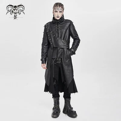 Devil Fashion Winter Men Black Gothic Punk Asymmetric Zip-Up Long Jacket   - Image 1 of 4