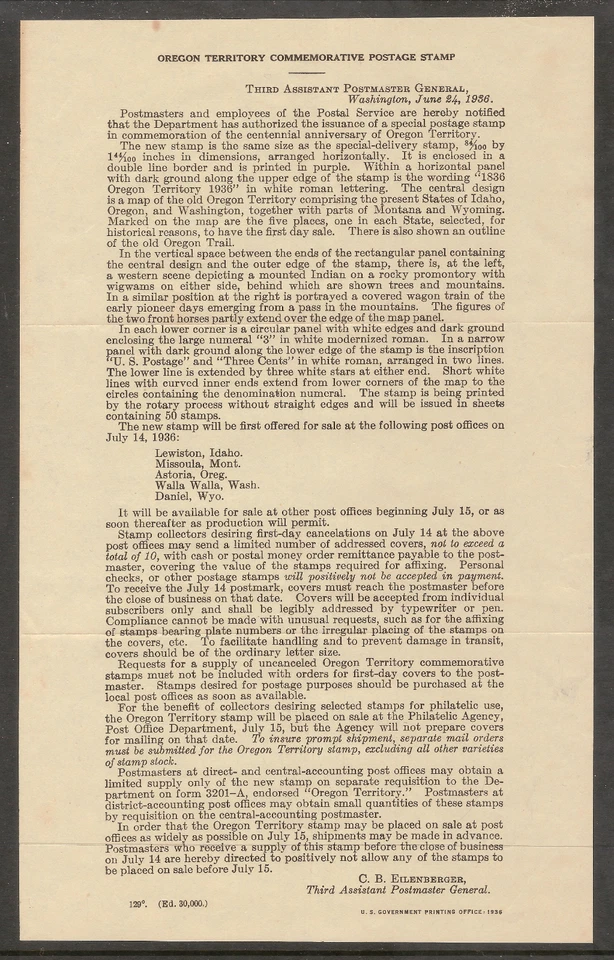 Scott #783 1936 3c Oregon Territory Post Office New Stamp Announcement Letter - Image 1 of 1