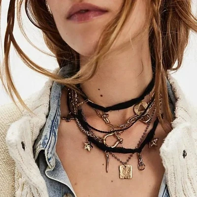 FREE PEOPLE Maggie May Layered Necklace In Gold & Black NWT - Image 1 of 4