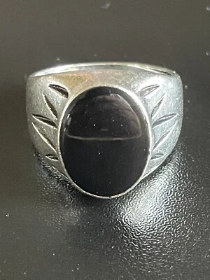 Кольцо мужское женское посеребренное черное обсидиан драгоценный камень S925 размер 8,25 - Изображение 1 из 4