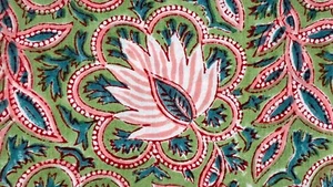 Green Pink By the Yard Floral Indian Block Print Fabric for Sewing Dress - Picture 1 of 8
