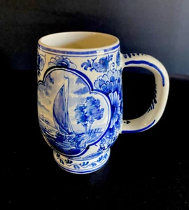 Delft Blue Holland Mug Hand Painted ~ Ship & Flowers ~ 5 5/8" - Picture 1 of 5