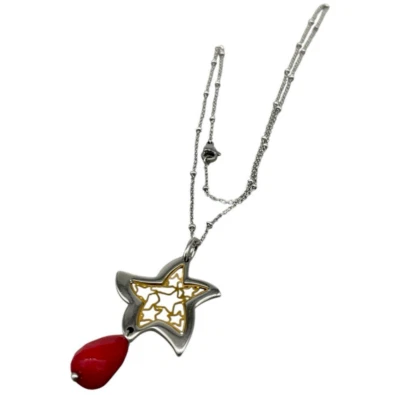 Collana donna catenina perline Stella e pietra rossa a goccia colore Argento Oro - Immagine 1 di 4