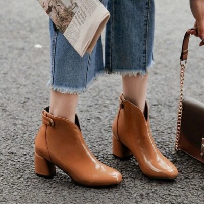 Scarpe donna pelle sintetica tacco medio blocco zip retro stivaletti scarpe casual - Immagine 1 di 4