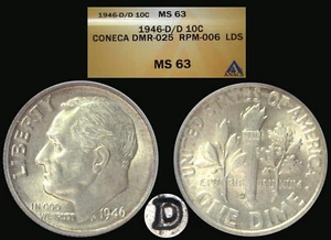 1946-D Roosevelt Dime graded MS63 by ANACS DDR & RPM-6! - Picture 1 of 1
