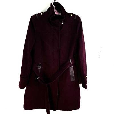 Chaqueta Abrigo Cole Haan Mezcla Lana Cuero Borde Guisante Mujer Talla 10 Borgoña Foto 1 de 4