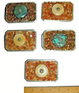 Natural 5 Belt Buckles Precious Gemstones Amber Quartz Coral Turquoise on Pewter - Bild 1 von 6