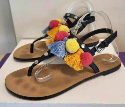 Rebecca Minkoff "Estelle" Black Leather w/PomPom Tassels Thong Sandals Sz 9 $295 - Image 1 of 4