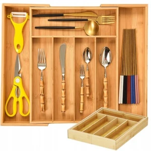 Portaposate Estensibile Cassetto Da Cucina In Legno Bambu 7 Scomparti 37x27-39Cm - Foto 1 di 10
