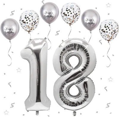 Foil Palloncini Numeri 18 Argento,  101 CM Palloncino Numero 18/81, Grande Pallo - Immagine 1 di 4