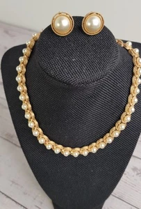 Trfari Gold Tone Faux Pearl Adjustable Necklace And Clip Earrings 16 in READ - Picture 1 of 8