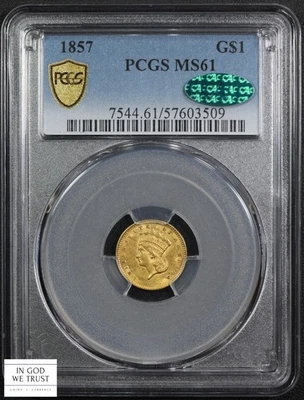 Un dólar de oro princesa india tipo 3 1857 G$1 graduación profesional MS 61 CAC Foto 1 de 4