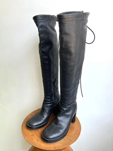 ANNE DEMEULEMEESTER Black Leather Drawstring Over Knee Round Toe Heel Boot 38 - Picture 1 of 8