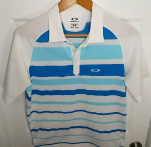 Oakley Polo Shirt Men's Medium White Blue Striped Golf Performance Regular Fit - Picture 1 of 4