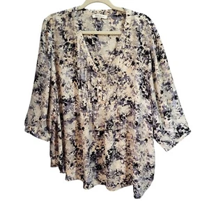 Rose & Olive Top Tunic Blouse Plus Size 2X Blue Abstract Pintuck Chiffon Casual - Picture 1 of 15