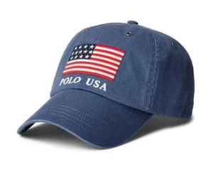New Polo Ralph Lauren Men’s Blue USA Flag Dad Hat 4th of July Leather Strapback - Picture 1 of 14