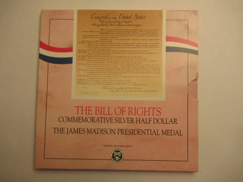 1993 US Bill of Rights Coin & Medal Set, silver half dollar + presidential medal Cover