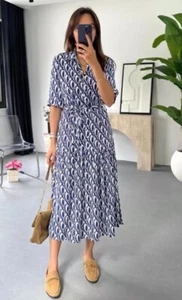 Vestido para mujer Zara manga corta cinturón solapa cuello estampado azul talla XLNWT - Imagen 1 de 10