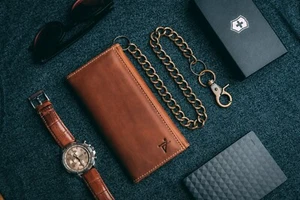 Chain wallet for Men RFID safe Long Checkbook Leather Card Case Crazy Horse212B - Picture 1 of 7