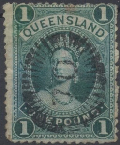 Queensland Stamps: 1882: £1 Deep Green Perf 12; thin paper - Picture 1 of 2