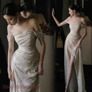 Wunderschöne Schulterfreie Schlitz Abendkleider Glanz Pailletten Cocktail Party Kleid - Bild 1 von 11