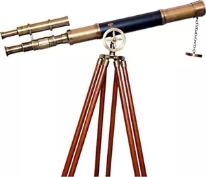 Antico telescopio da terra doppio barile con treppiede in legno vintage - Foto 1 di 4