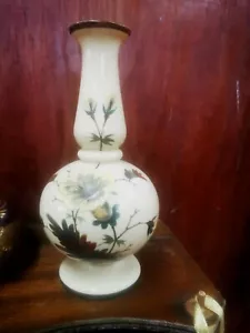 FRANZE PALLME KONIG CREAM OPALINE GLASS VASE, HAND PAINTED FLORAL DECORATION, - Picture 1 of 4