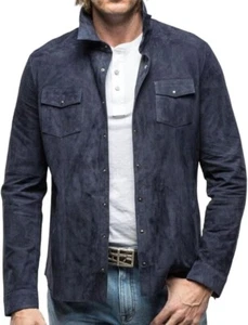 New Men's Navy Blue Suede Shirt Real Sheepskin Suede Casual Wear Stylish Shirt - Picture 1 of 6