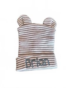 Newborn baby boy hat, w/ bear ears + embroidered w/ name “Brian” - Picture 1 of 3