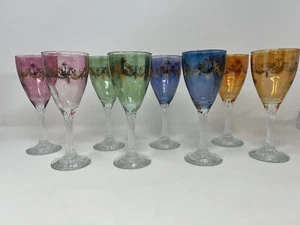 Blown Crystal 24 k Gold Hand Decorated Stem Wine Glasses Made In Italy Set Of 8 - Picture 1 of 18