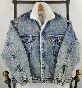 VTG 80s LEVIS Size Large Made in USA Sherpa Lined Denim Trucker Jacket Mens 