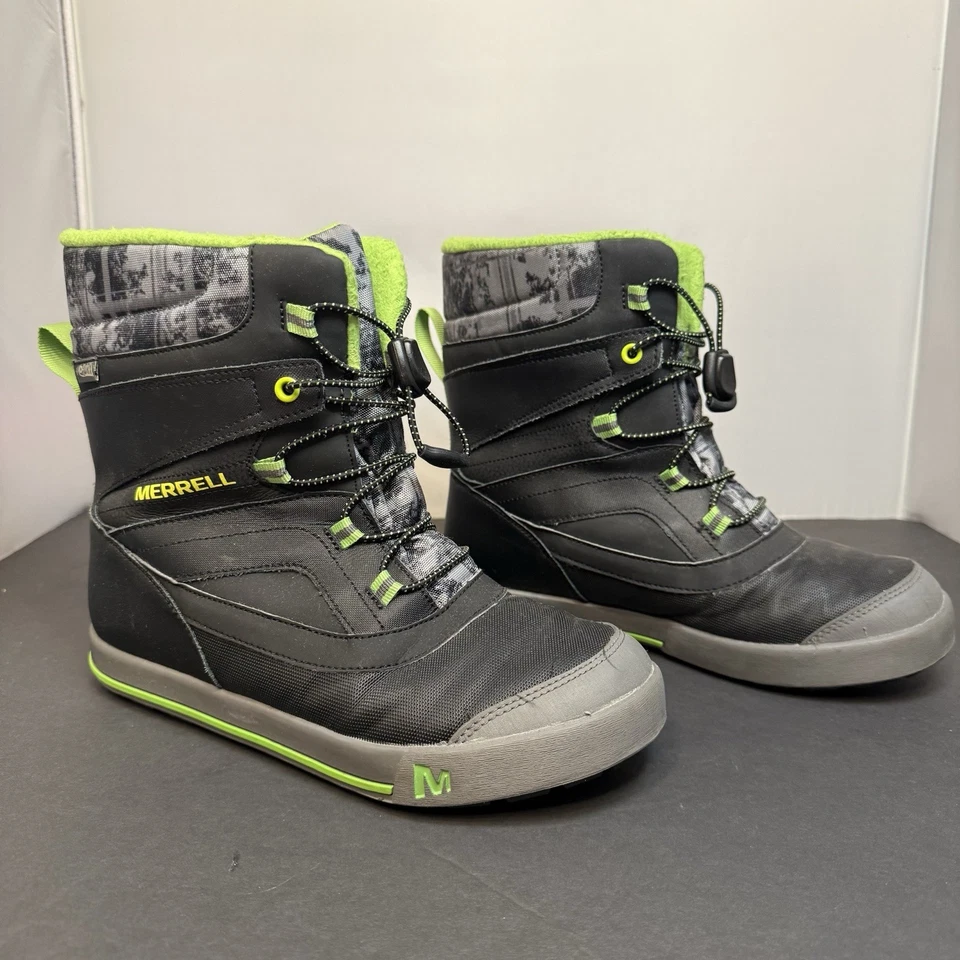 Merrell Snow Bank 防水雪地靴 儿童 青少年 尺码 5M 黑色 灰色迷彩 霓虹灯 — 第 1/4 张图片