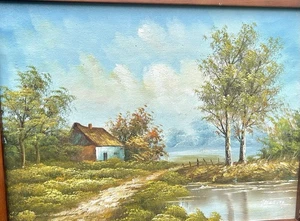 Vintage Oil Painting Countryside Landscape House On Pond Signed Mason 12x16” - Picture 1 of 7