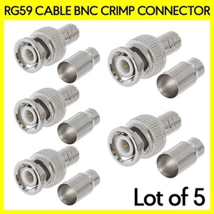 Confezione 5 Connettore Spina BNC Crimp-On 2 Pezzi per Cavo Coassiale RG-59 Spina CCTV - Foto 1 di 5