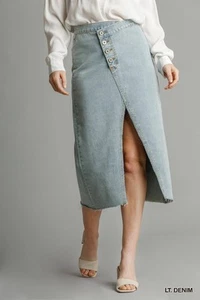 Asymmetrical Waist And Button Up Front Split Denim Skirt With Back Pockets And U - Picture 1 of 7